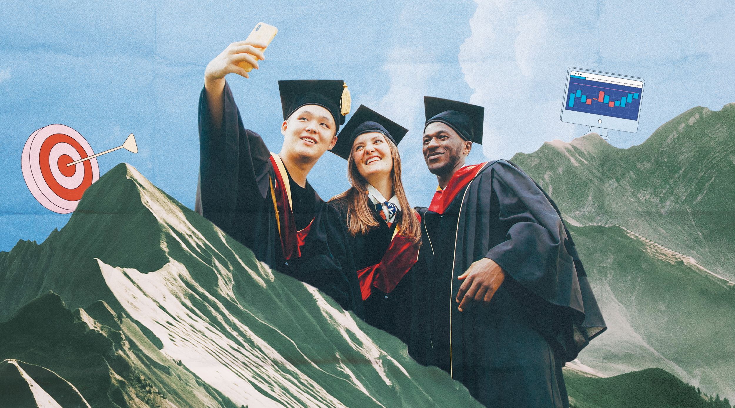 A picture of three students taking a selfie in graduation cap and gowns surrounded by a mountain landscape and an icon of a dartboard and computer.