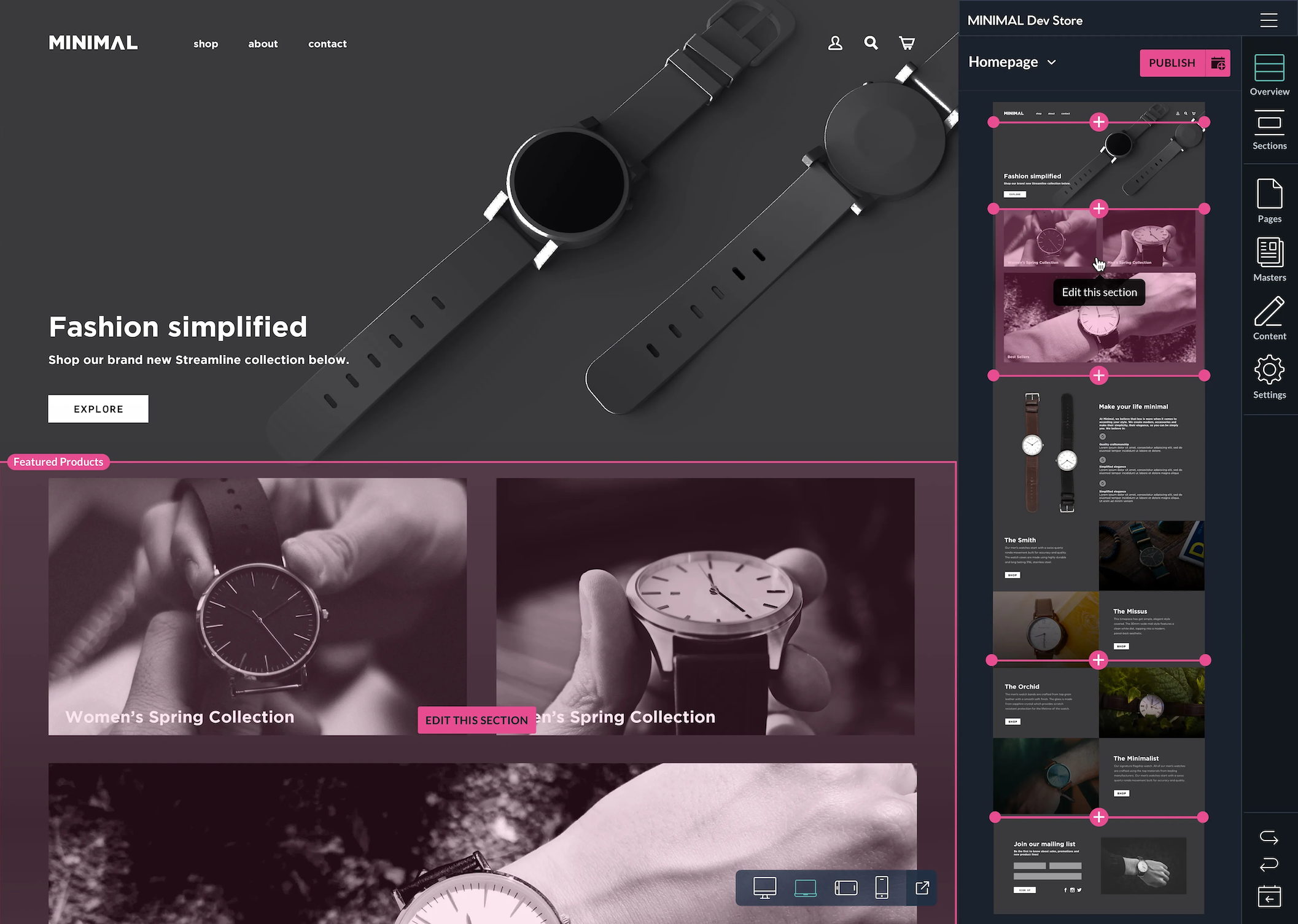 A black, dark blue, and pink user interface for a website builder.