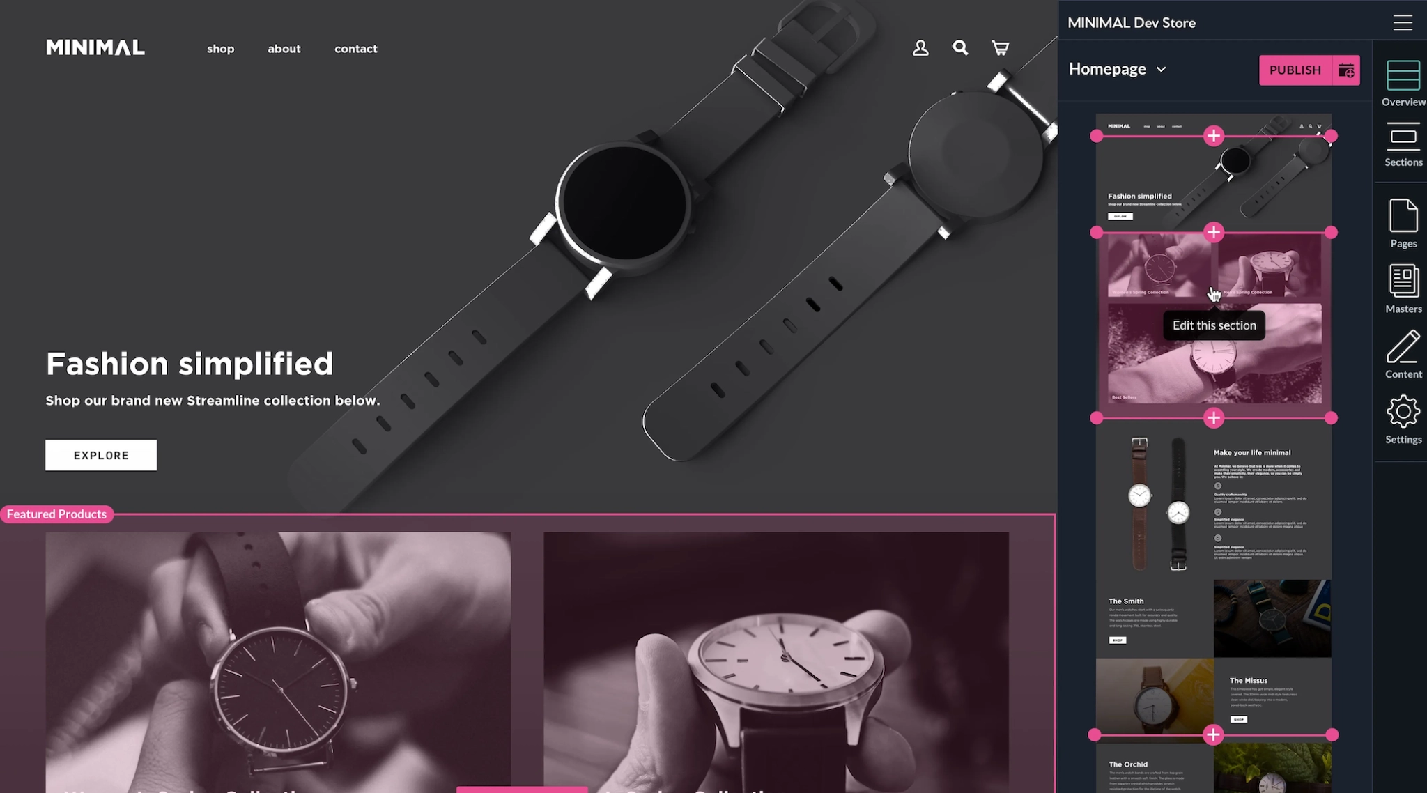 A black, dark blue, and pink user interface for a website builder.