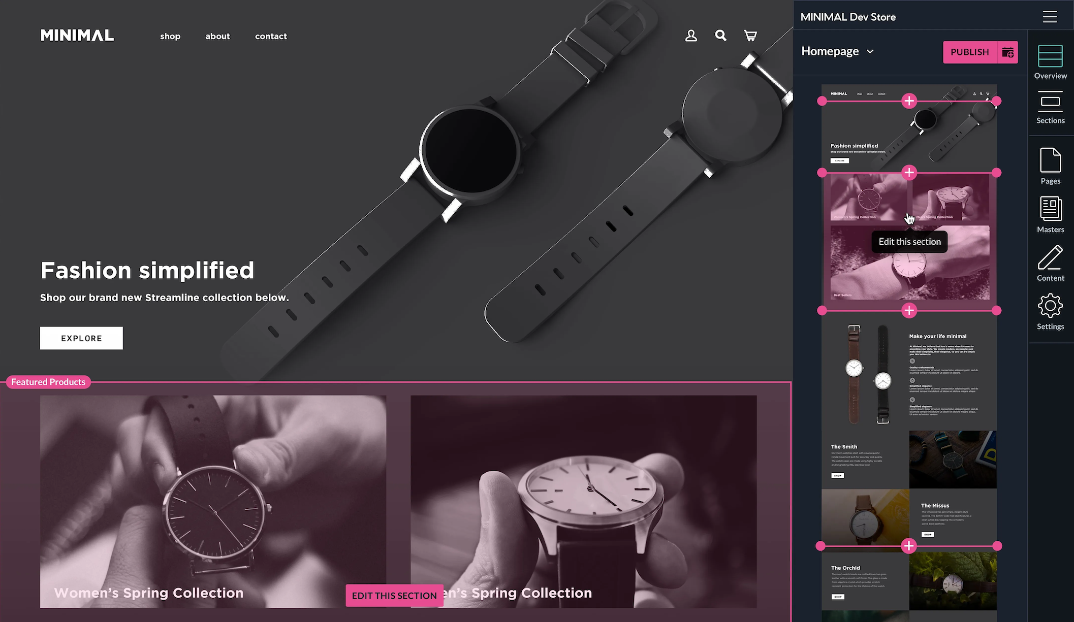 A black, dark blue, and pink user interface for a website builder.